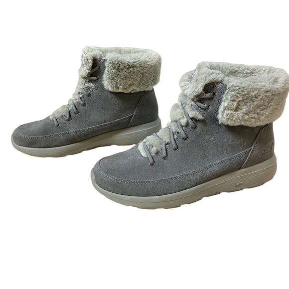 Skechers Boots 7.5 On The Go Winter Chill Gray Suede Leather Lace Up Ankle - Picture 1 of 11